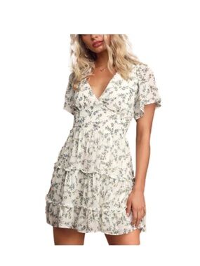 Lulu's Cream Mini Dress with Blue Floral Print